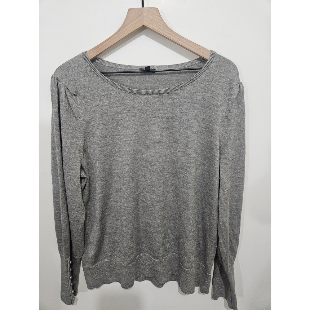 Talbots Silver Metallic Merino Wool Blend Button Cuff Sweater XL KH5348